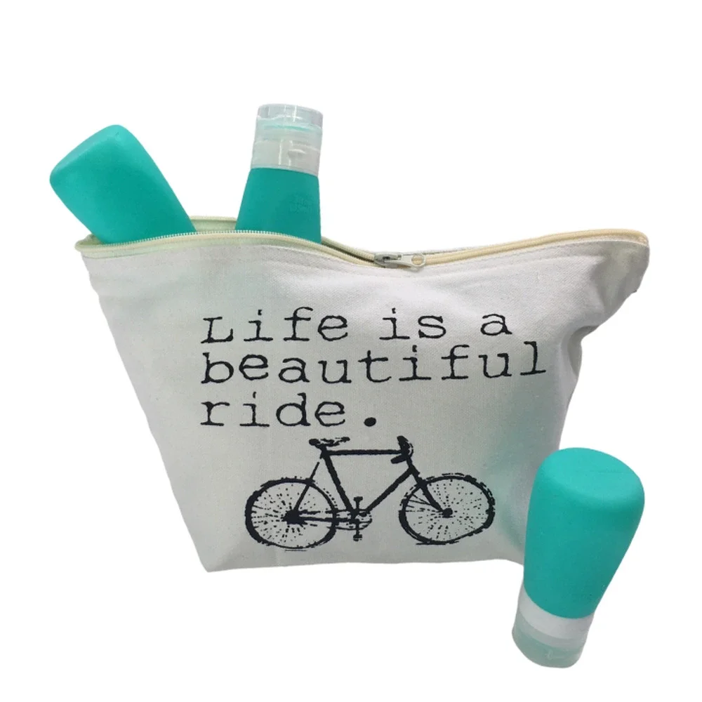 Canvas Travel Cosmetic Bag Set w Bottles Life Is Beautiful Ride NEW